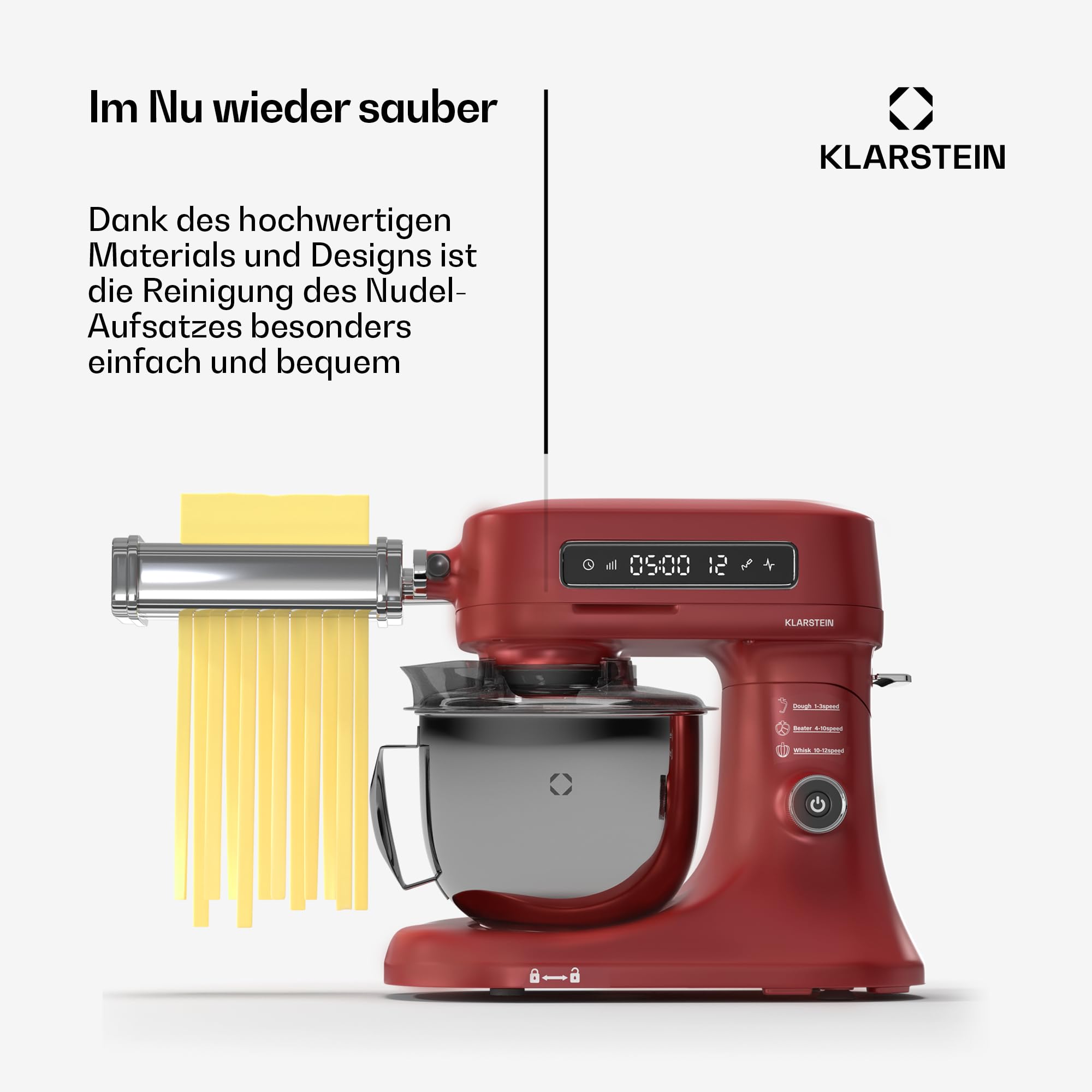 Klarstein Chiara Küchenmaschine Nudelaufsatz 3-in-1 Pasta-Zubehör Edelstahl Spülmaschinenfest 8 Stufen Fettuccine Spaghetti-Schneider