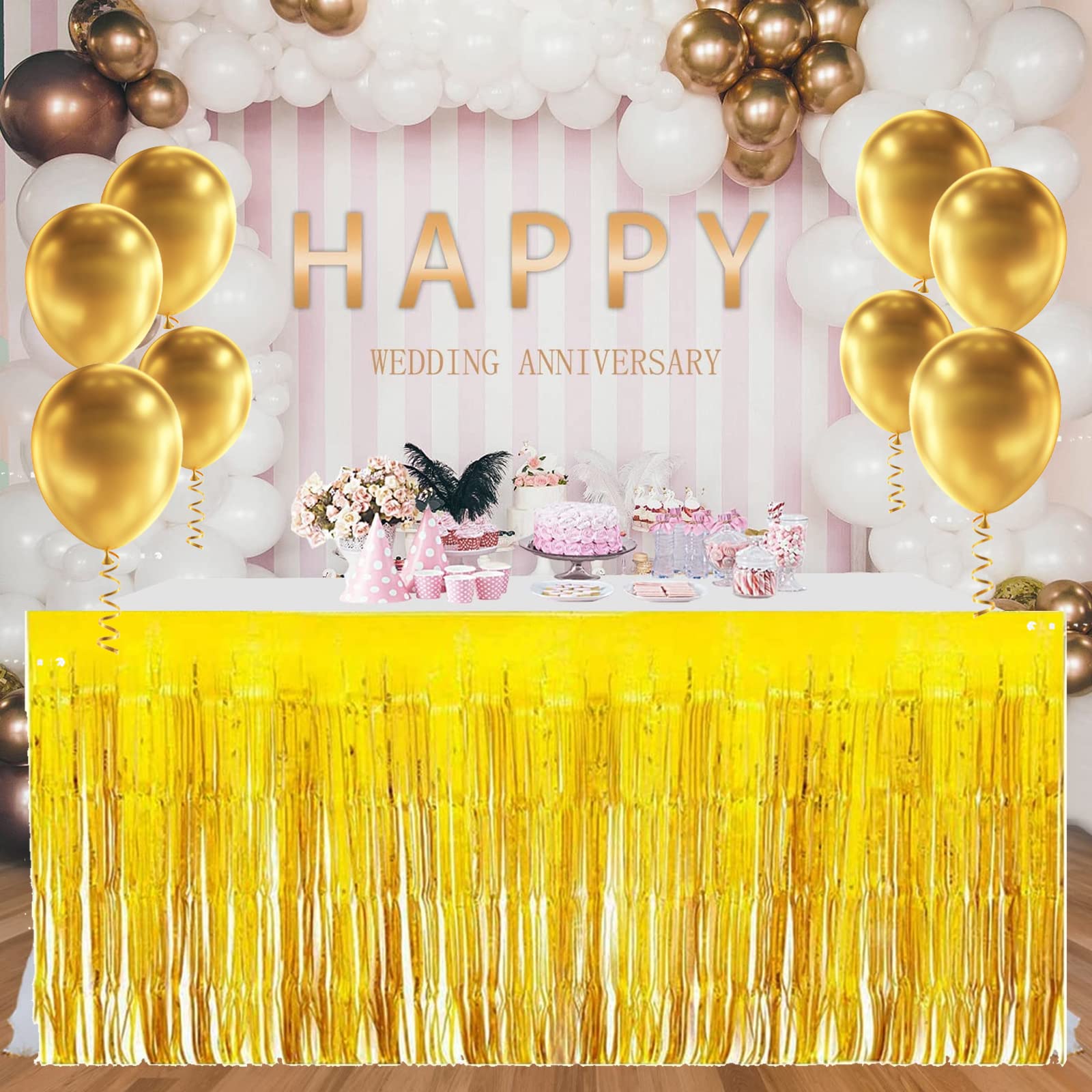 Confezione da 4 gonne da tavolo con frange metallizzate per tavolo rettangolare, tende da sfondo, per matrimoni, feste di compleanno, galleggianti da parata, tavoli da dessert, 73 x 274 cm,