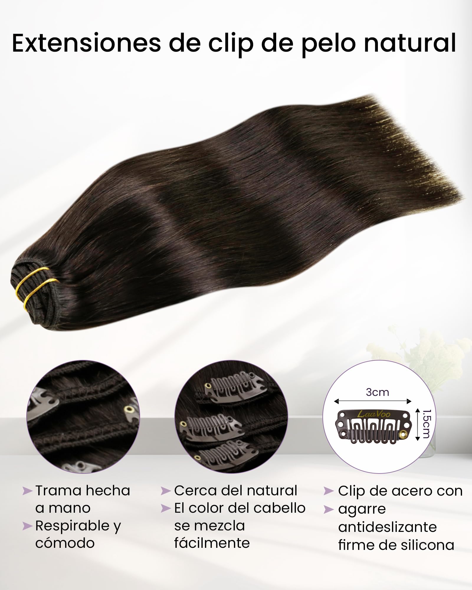 LaaVoo Extensiones de Clip de Pelo Natural Castano Oscuro 70g 5Piezas Extensiones Pelo Natural Humano Clip Marron Oscuro Cabello Recta Recta 30cm Liso #2