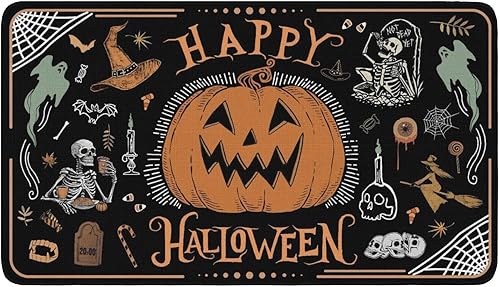 Tapete de bienvenida para puerta de Halloween, divertido esqueleto con calabaza, decoración del hogar, antideslizante, para interiores y exteriores,