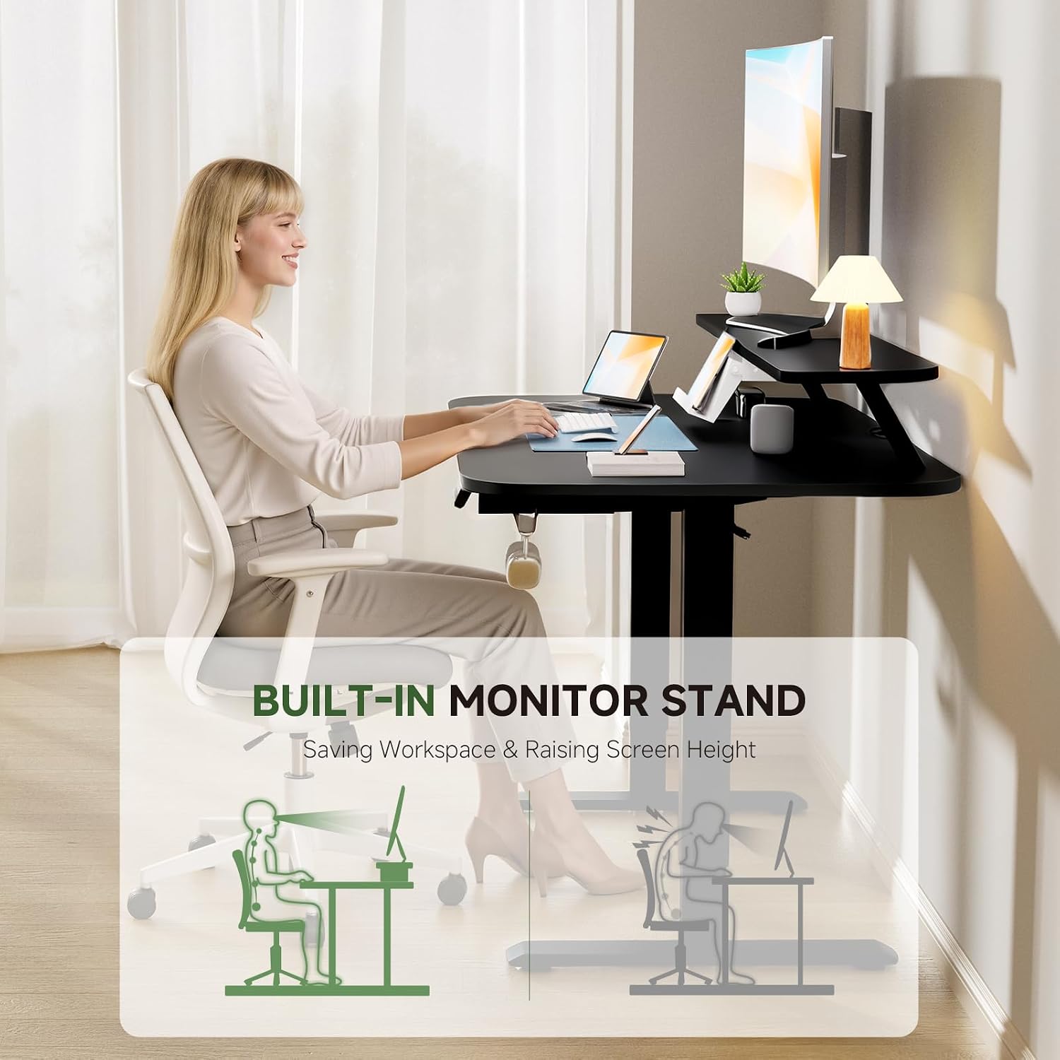 GTPLAYER Electric Standing Desk with Drawers, 55 x 24 Inches Height Adjustable Computer Desk with Monitor Stand, Laptop Stand, Sit Stand up Desk with Memory Preset for Home, Office, Black - 6