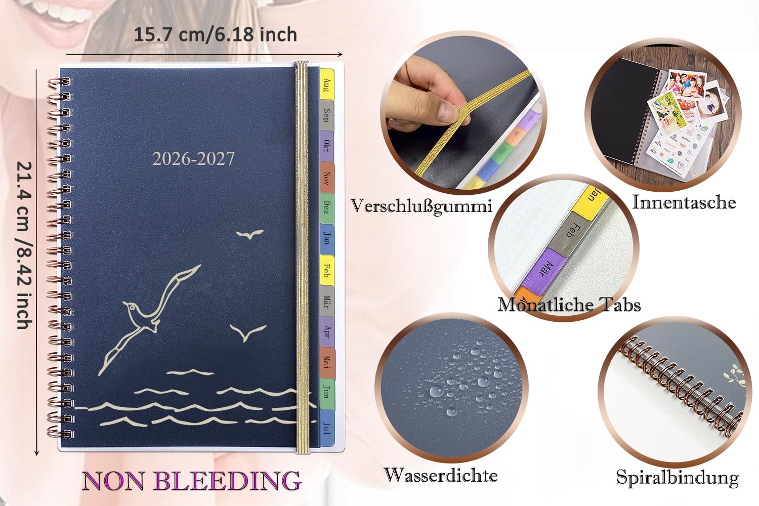Kalender 2026 2027 A5, Wochenplaner/Terminplaner Ringbuch mit Tabs, Innentasche, Spiralbindung, Buchkalender 1 Woche 2 Seiten, Schülerkalender Studienplaner Hausaufgabenheft Planer 2026/27(Aug-Jul)