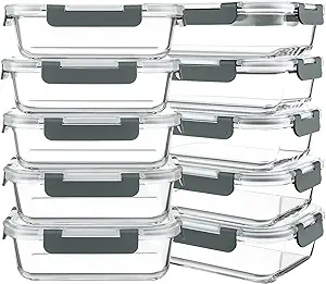 KOMUEE 10 Packs 30 oz Glass Meal Prep Containers,Glass Food Storage Containers with Lids,Airtight Lunch Bento Boxes,Microwave,Freezer and Dishwasher,Gray