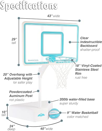 Miniatura 6 de Dunn-Rite Splash & Shoot, aro de baloncesto ajustable para piscina al aire libre con altura variable, pelota, base y borde de acero inoxidable de 18