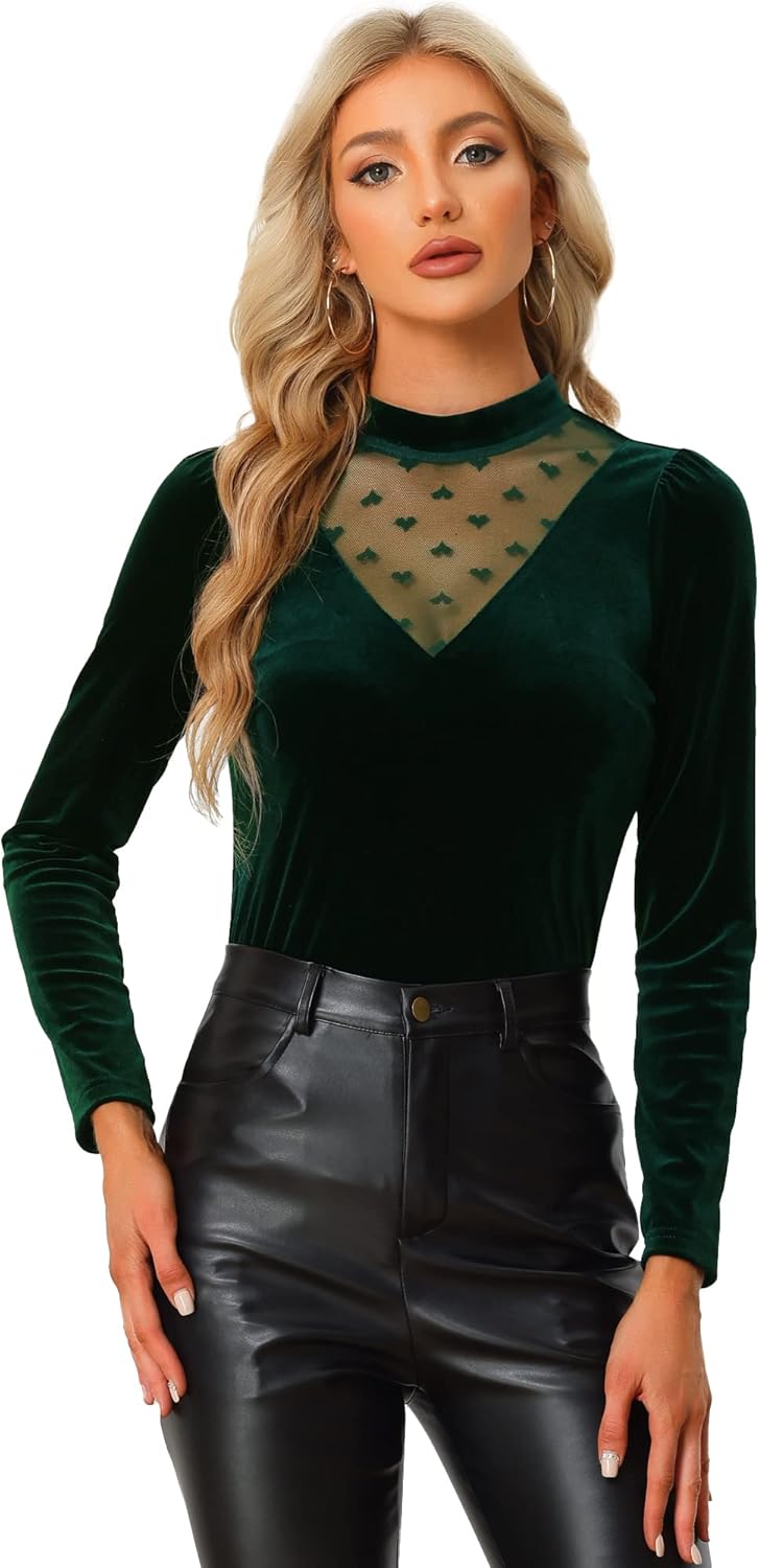 Allegra K Women's Vintage Velvet Mesh Panel Mock Neck Slim Fit Halloween Long Sleeve Tops