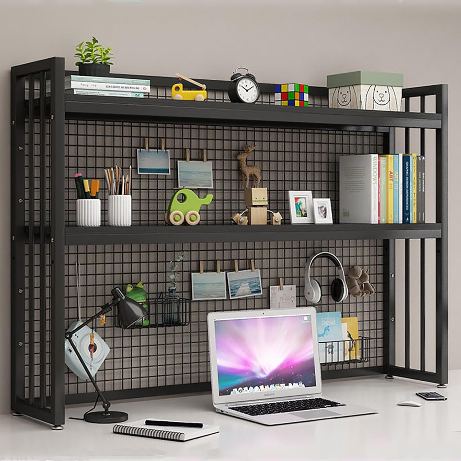 MESCXTY Desk Hutch Dorm Desktop Bookshelf,Desktop Bookcase for Computer Desk,Adjustable Shelf Top of Desk,Desktop Organizer Home Office Supplies Display (95cm/37.4", Black D)