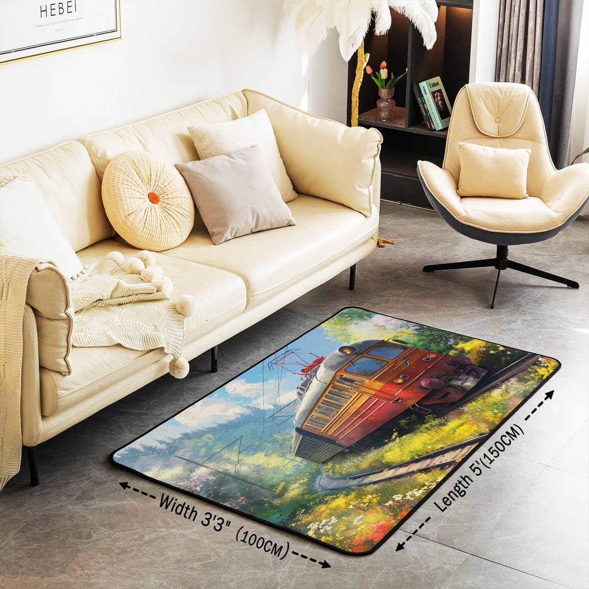 Erosebridal Train Area Rug, Retro Steam Engine Carpet for Kids Boys Teens,Railway Track Transport Indoor Floor Mat Washable,Flower Grass Blue Sky Living Room Rugs 3x5