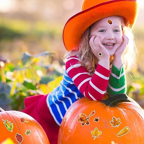 Miniatura 7 de Marspark 480 calcomanías de hojas de otoño de Acción de Gracias para niños, hojas de arce, maíz y bellota, multicolor para otoño, fiesta temática de