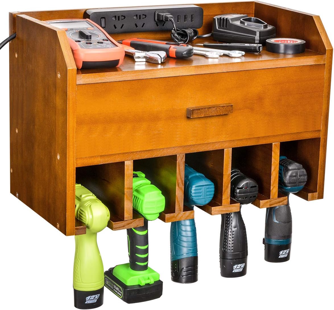 Suреr Chеар 🛒 Power Tool Organizer Storage Wall Mount Drill Charging Station, Drill Holder Garage Tool Cabinet Storage with Drawer for Workshop Workbench- Wooden Brown, Easy Assembly