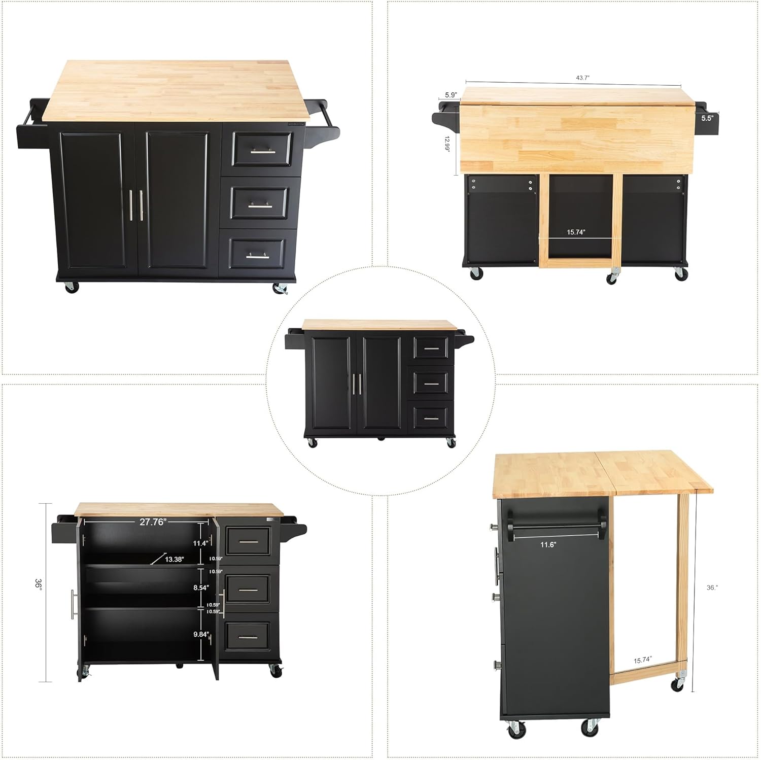 DHHU 54“ Large Kitchen Island with Storage, Kitchen Cart on Wheels with 2 Large Drawers,Adjustable Shelf Inside Cabinet, Spice Rack & Towel Rack,Simple Design Rolling Island Table for Kitchen