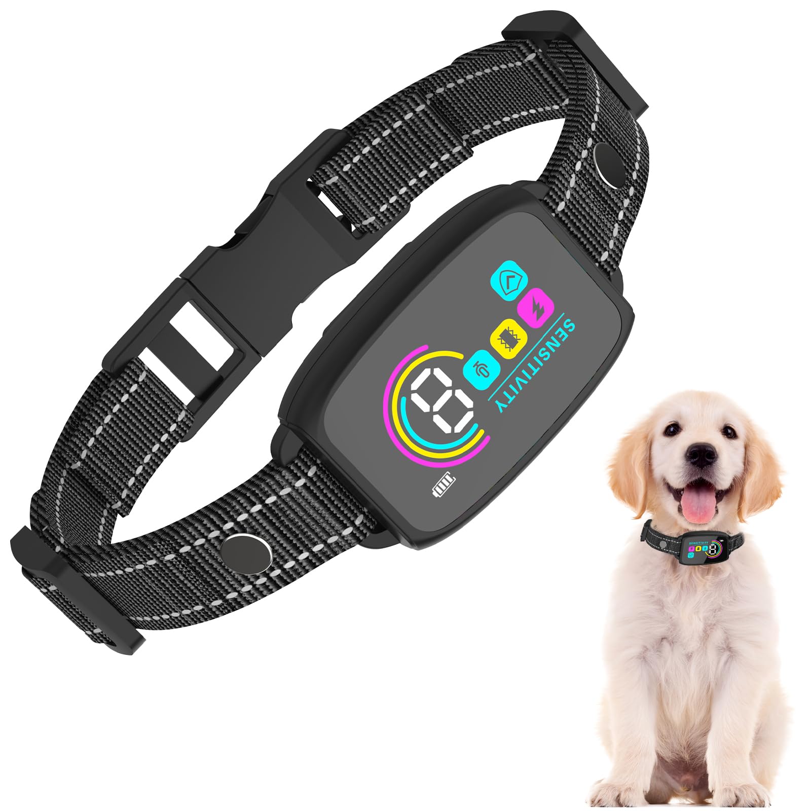 Collare Antiabbaio Per Cani, 8 Modalità Livelli di Sensibilità, Collare Anti Abbaio Ricaricabile, Modalità Suono/Vibrazione Forte, Impermeabile IP67, Per Cani Piccoli e Grandi (Nero)