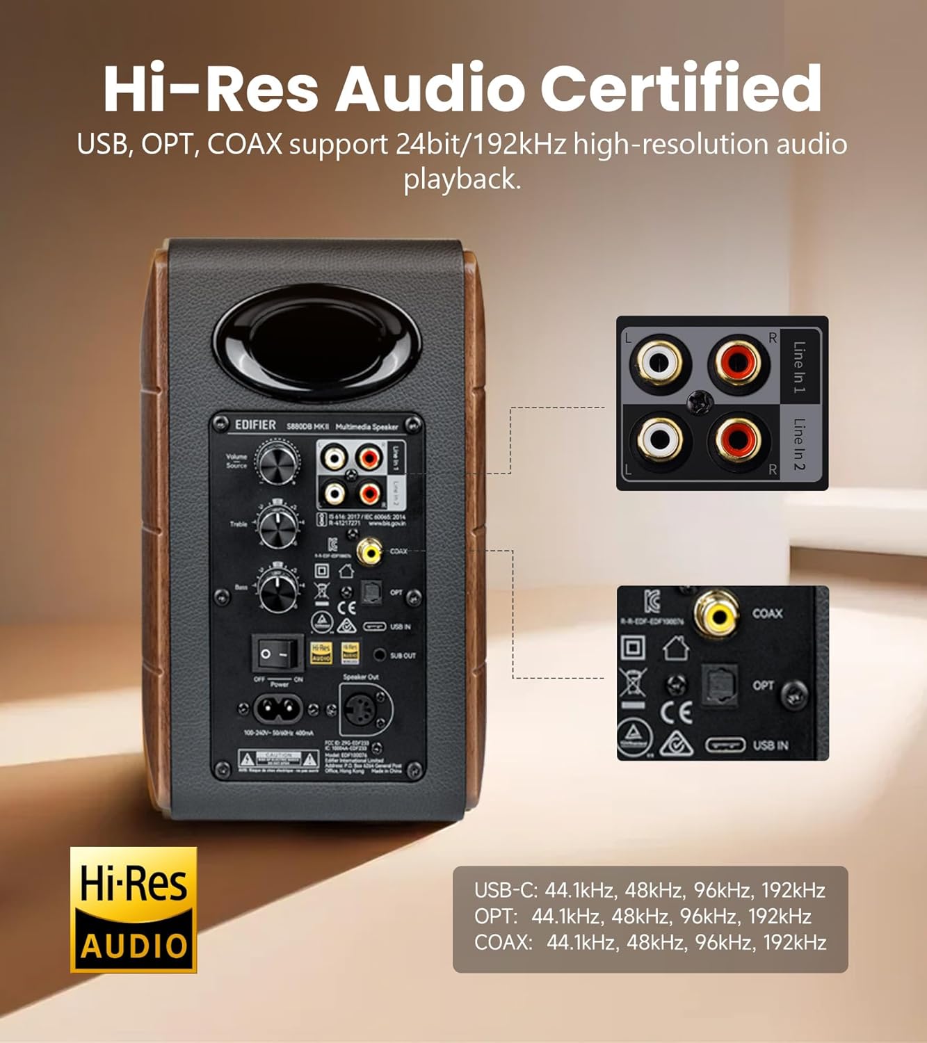 Edifier S880DB MKII Hi-Fi Bookshelf Speakers, Premium 2.0 Active Speaker System, 88W RMS, Hi-Res Audio with LDAC, Bluetooth/USB-C/Optical/Coaxial/RCA Input, Subwoofer Output, Dark Wood - Image 6