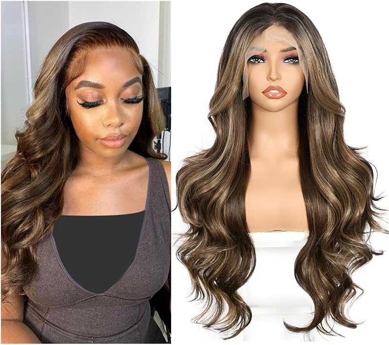 Sapphirewigs Barna Parókák Nőknek - 13x4 Csipke Elülső Hullámos Paróka, Hőálló Szintetikus, Ombre Balayage, Állítható Méret, Természetes Meg