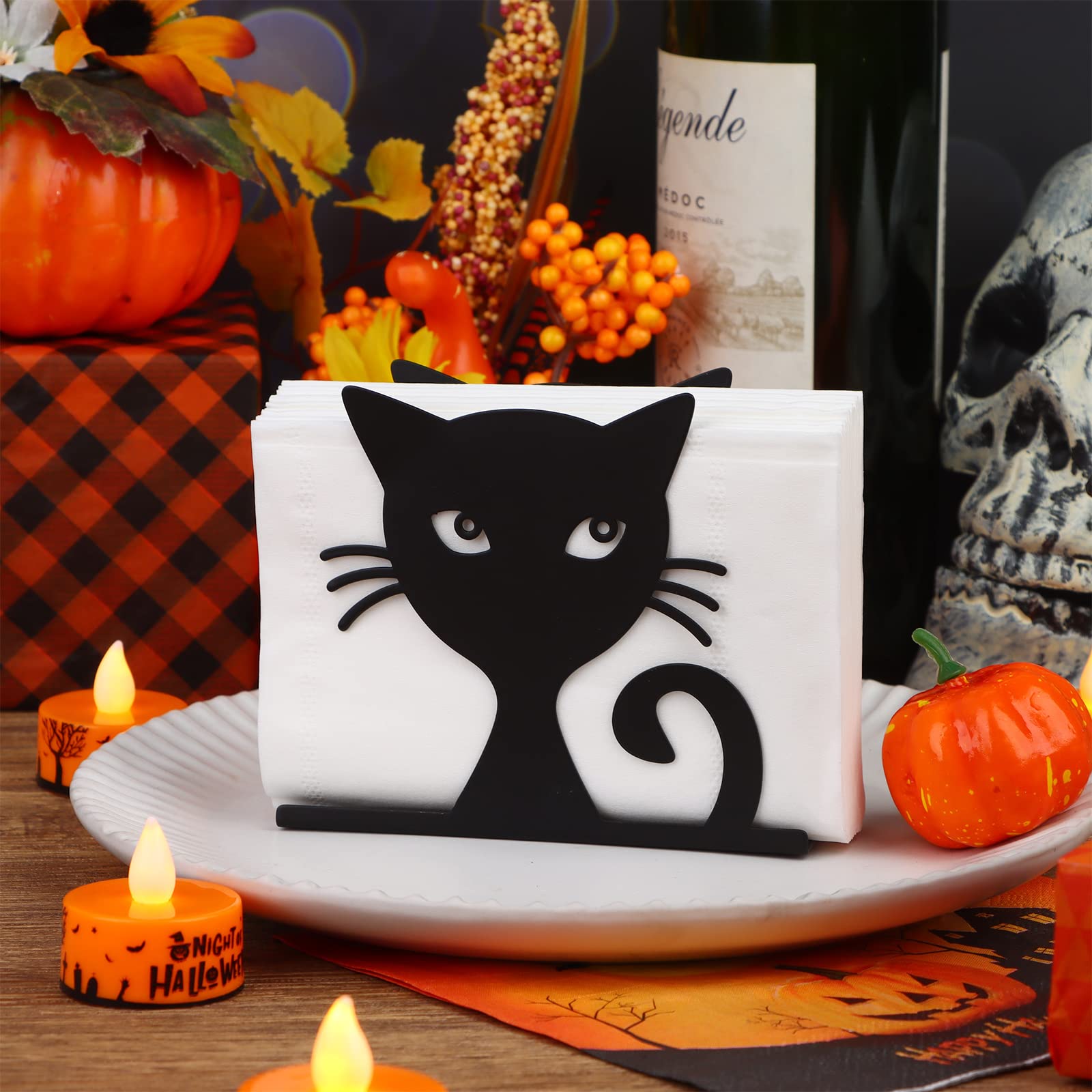 2 Pcs Halloween Napkin Holder for Table Metal Black Cat Design Paper Napkin Holder Stand Decorative Tissue Dispenser Farmhouse Napkins Holder for Dinner Kitchen Restaurant Home Decor Bar