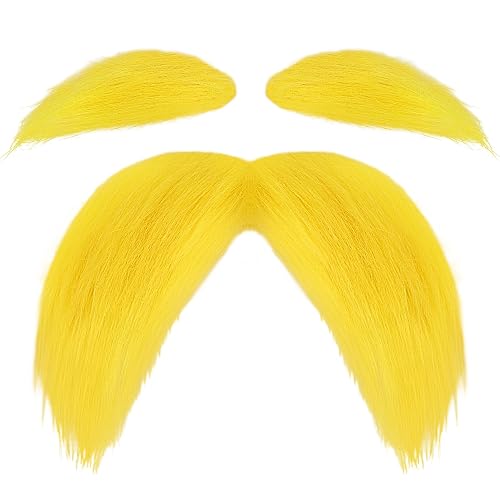 Mustache and Eyebrows Fake Beard for Adults, Self-Adhesive Cosplay Halloween Costume Accessories with Comb, Funny Party Favor - Yellow