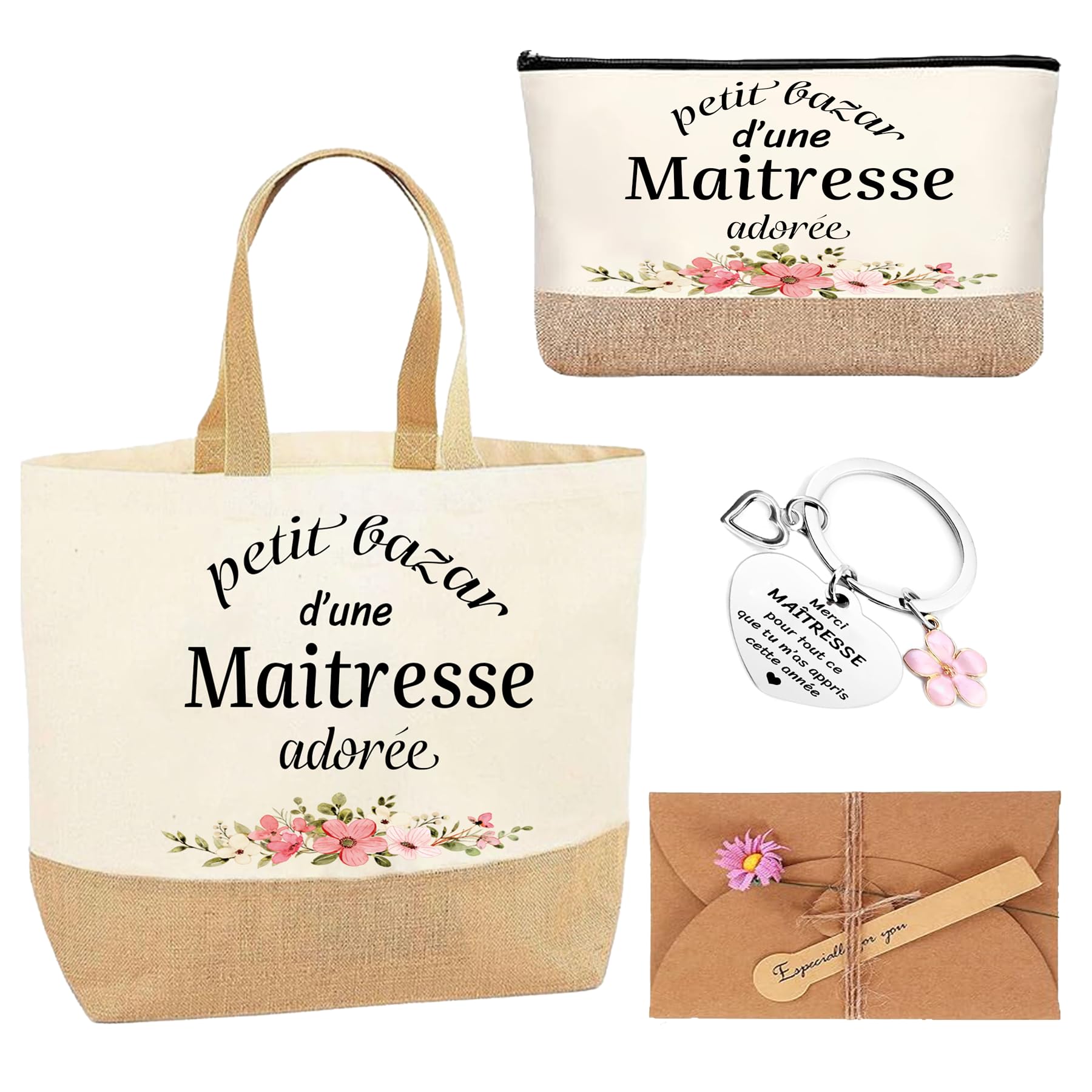 Cadeau Maitresse Sac Tote Bag Maitresse Trousse de Maquillage Porte Clé Maitresse Cadeau d'École Fin d'Année Fin d'Année Noël