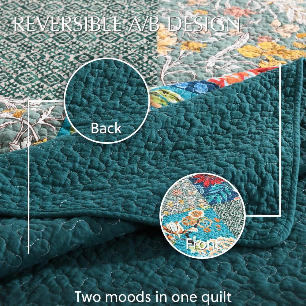 Cotton Bedspread Quilt Bedding Sets Reversible Coverlet Sets, Vintage Rustic Luxury Real Patchwork Turquoise Bedspread,Queen Size