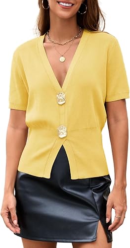 Tanming Womens Pullover Sweaters Solid Trendy Deep V Neck Button Up Waist Cinche