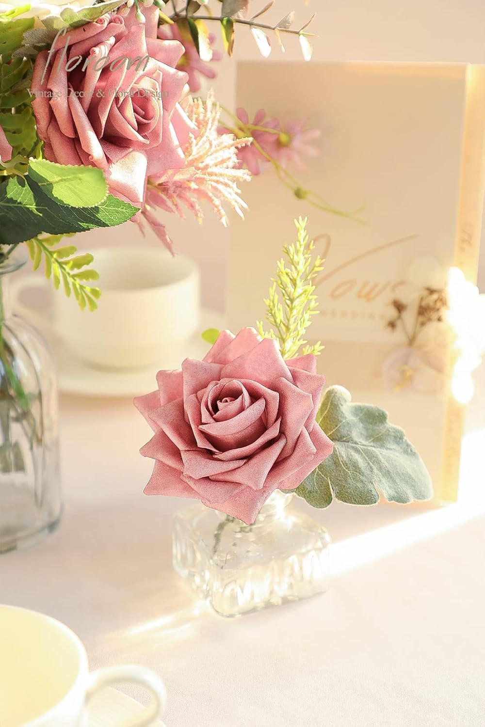 Floroom Artificial Flowers 16pcs 3.5" Real Looking Dusty Rose Foam Fake Hybrid Tea Roses with Stems for DIY Wedding Bouquets Bridal Shower Centerpieces Floral Arrangements Party Tables Home Decoration - Image 3