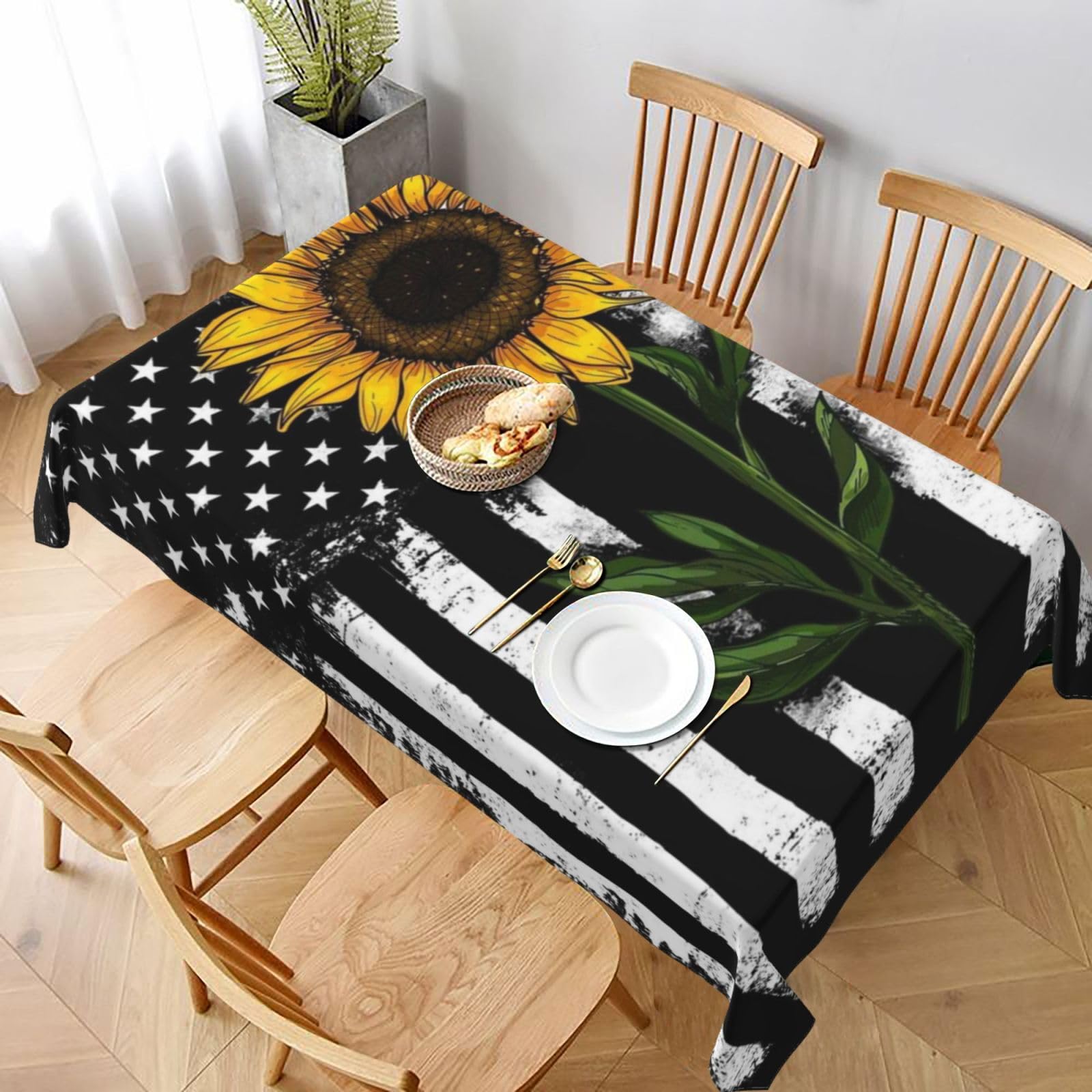 BNVSADC Sunflower And American Flag Printed Rectangle Tablecloth 228x152 CM, Water Resistant Polyester Table Cloth Decorative Fabric Table Covers for Kitchen Dining Table Parties Camping