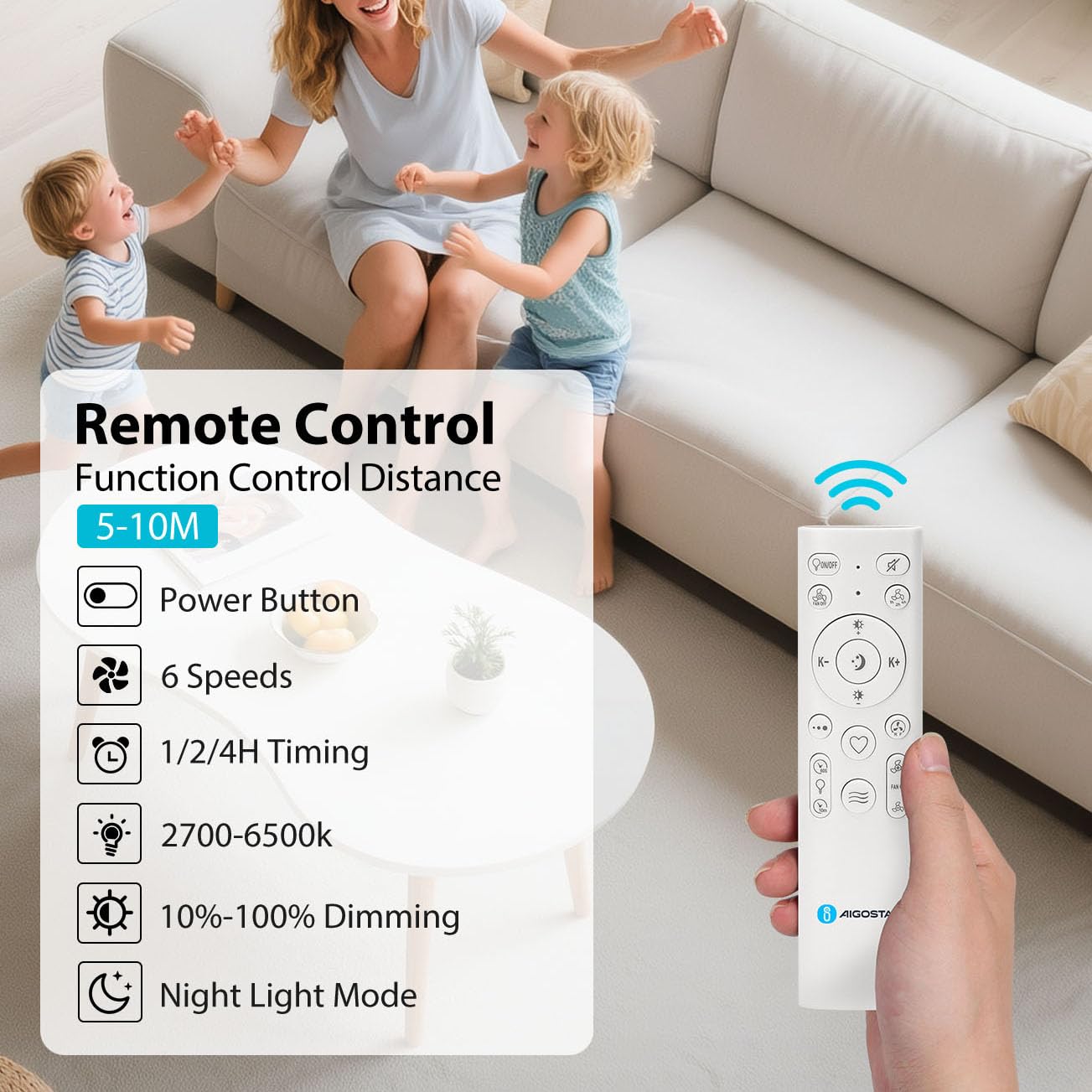 Aigostar Ventilatore da Soffitto con Luce e Telecomando Silenzioso 52‘’, Dimmerabile, 2700K-6500K, 25W Motor DC Reversibile, 6 Velocità, Adatto per soggiorno, camera da letto e sala da pranzo