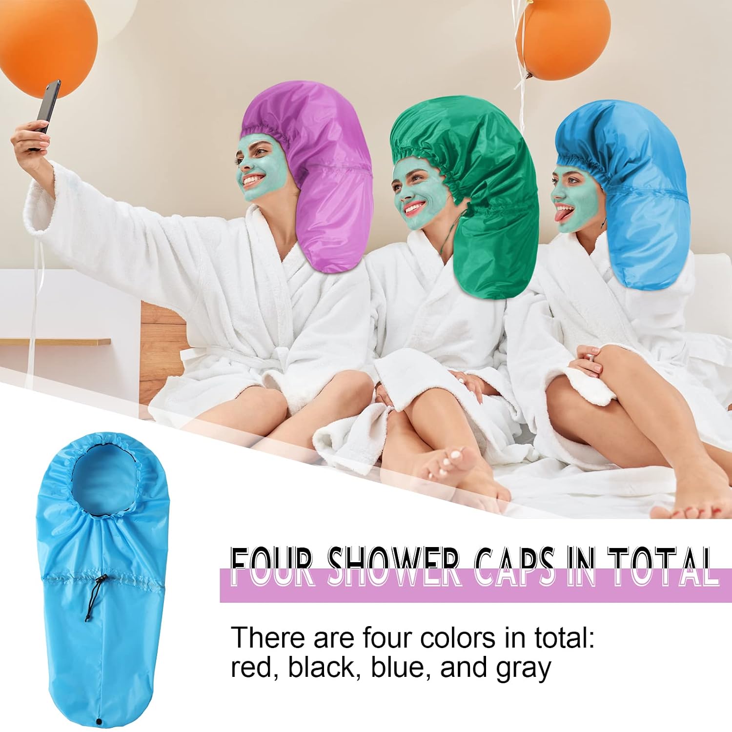 Eurzom 4 Pcs Large Shower Cap for Braids Extra Long Shower Cap for Women Long Hair Locs Foldable Waterproof Reusable XL Hair Bonnets for Dreadlocks Drawstring Bath Caps(Pink, Blue, Green, Purple)