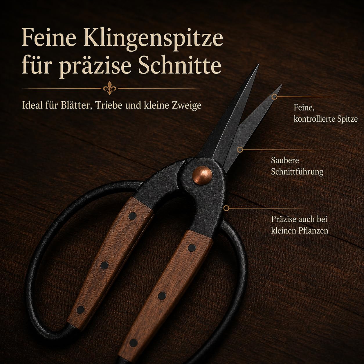 Traditionelle asiatische Bonsaischere, Pflanzenschere, Kräuterschere, Gartenschere, Blumenschere - aus schwarzem Edelstahl mit Walnussholzgriff