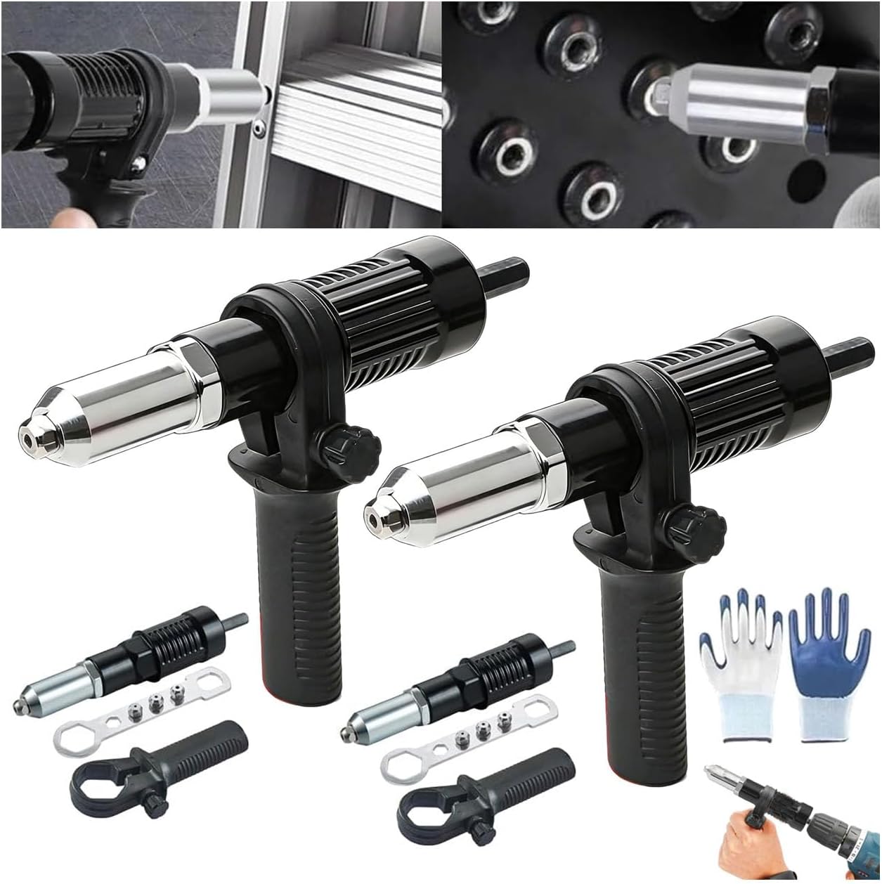 Professional Electric Rivet Gun Adapter Kit, Alloy Steel Electric Rivet Nut Gun Drill Adapter, Turn Your Drills Into A Riveting Beast, Drill Rivets Gun Attachment for Metal & Aluminum Work (2set)