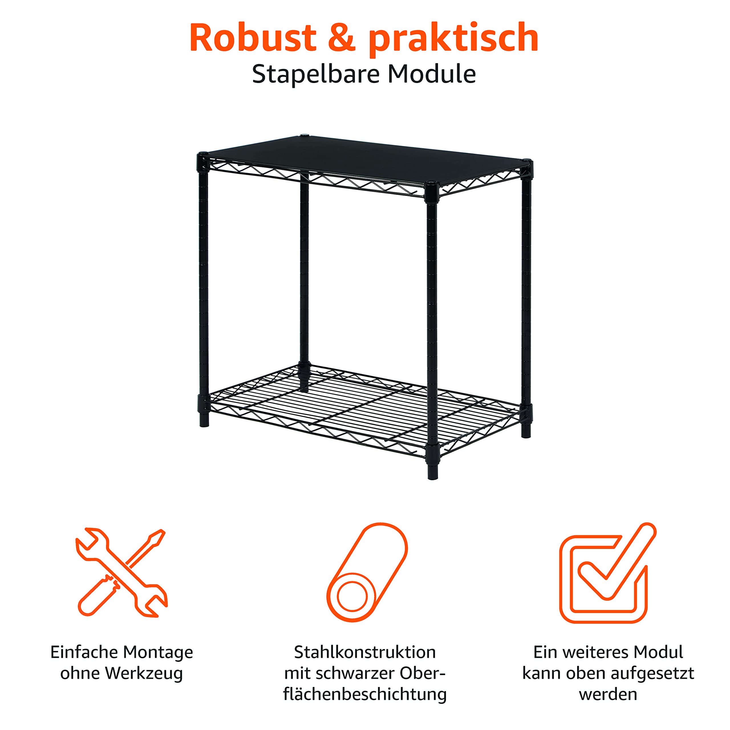 Amazon Basics 2 Regalböden Ebenen, stapelbar, Schwarz, 33.8 D x 58.9 W x 56.4 H cm