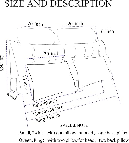 Miniatura 7 de Almohada de cabecera de cama tamaño Queen, almohadas de respaldo, con dos almohadas para el cuello y dos almohadas corporales, para sentarse en la