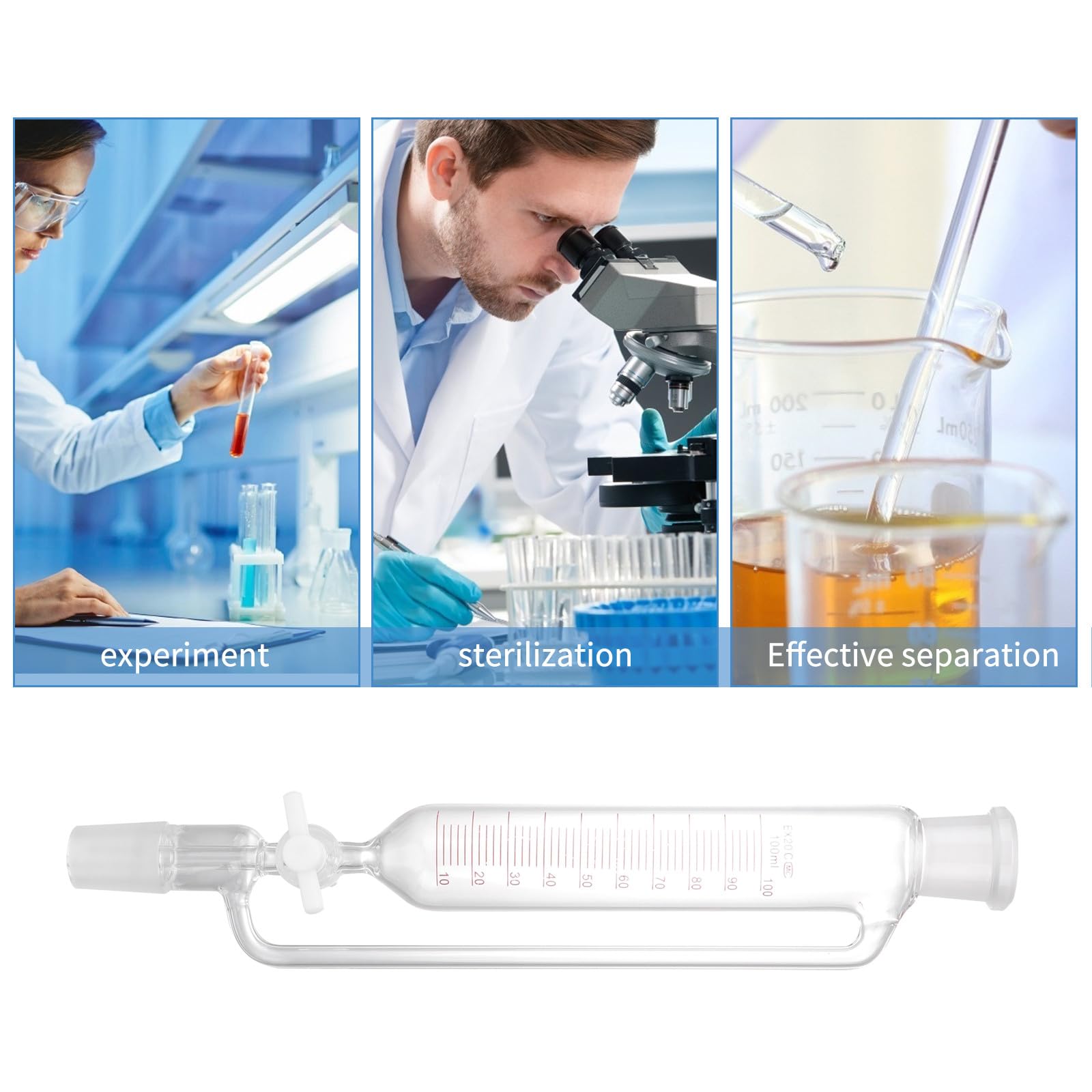 KICHOUSE Labor Scheidetrichter 100 ml Zylindrisch aus Glas mit Ptfe Kolben für Fraktionierte Destillation und Flüssigkeitstrennung