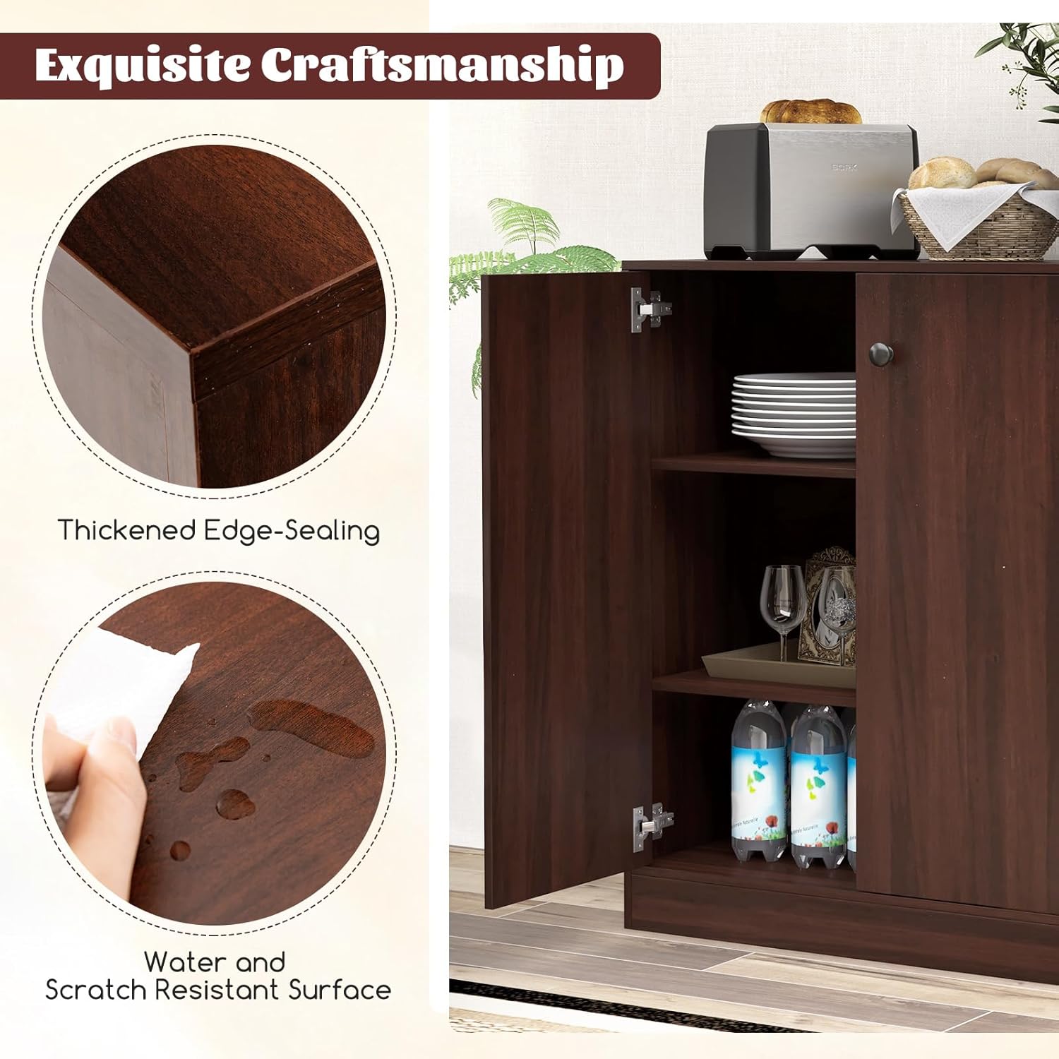 Sideboard Buffet Cabinet, Kitchen Storage Cabinet with 3-Tier Storage Shelves, 28.5" Wooden Buffet Table, Modern Floor Cabinet for Dining Room, Living Room, Entryway (Brown)