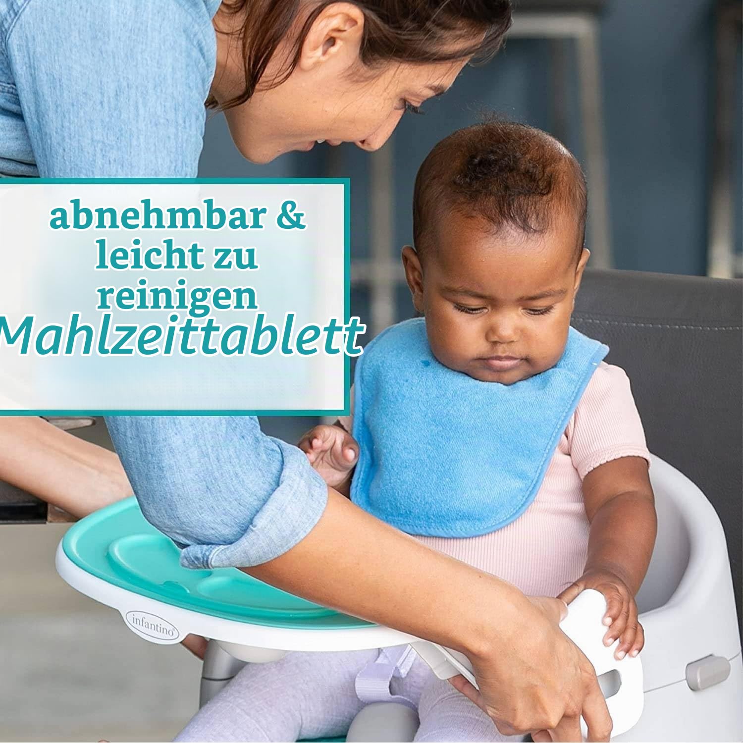 Infantino Grow-With-Me 4-in-1 Babystuhl – mitwachsend, platzsparendes Boostersitz Design, nutzbar als Sitzerhöhung für Babys ab 4 Monaten oder als Kinderstuhl ab 3 Jahren, türkis