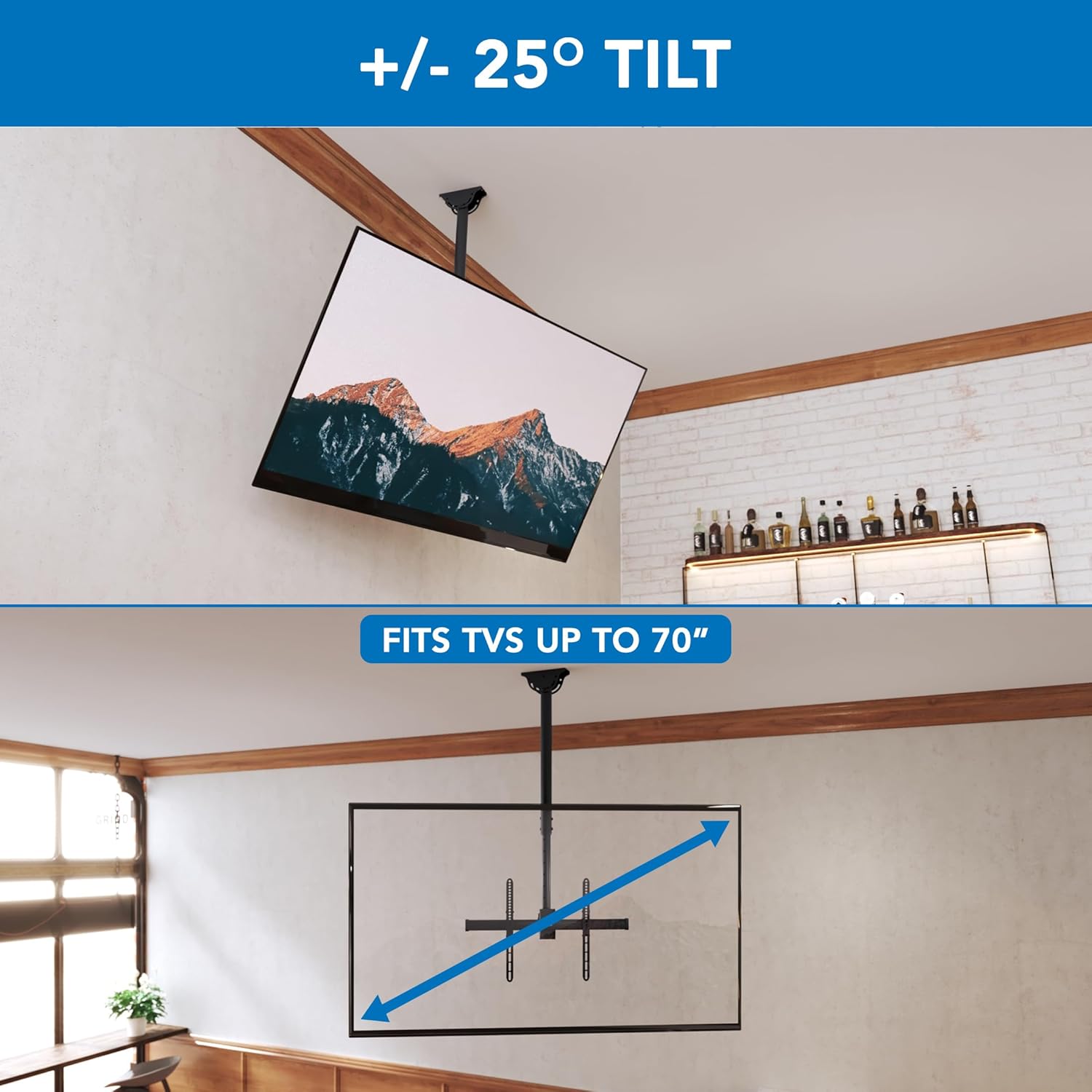 Mount-It! TV Ceiling Mount Bracket, Full Motion 360° Rotation, Fits 32–75 Inch Screens up to 110 lbs, VESA 200x200 to 600x400, Height Adjustable 22–36 Inches, Flat or Vaulted Ceilings, Black (MI-509B)