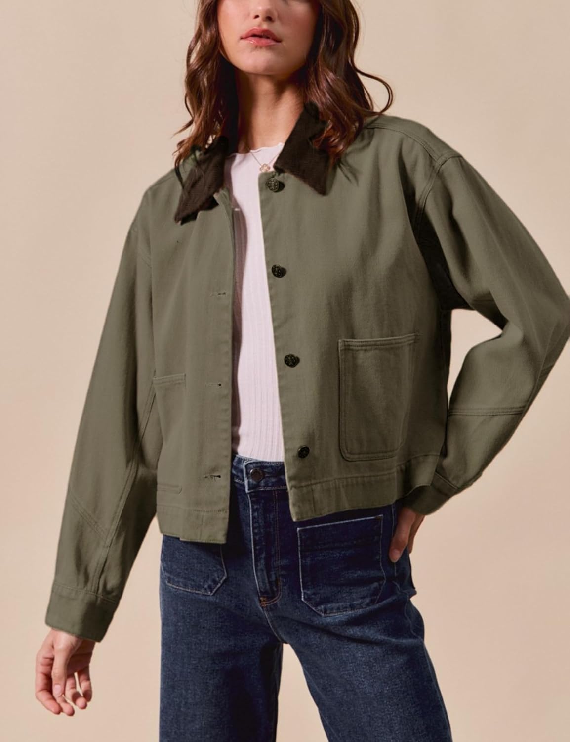 Women’s Cropped Barn Jacket Button Down Cord Collar Jacket with Pockets Trendy Work Outerwear - Image 2