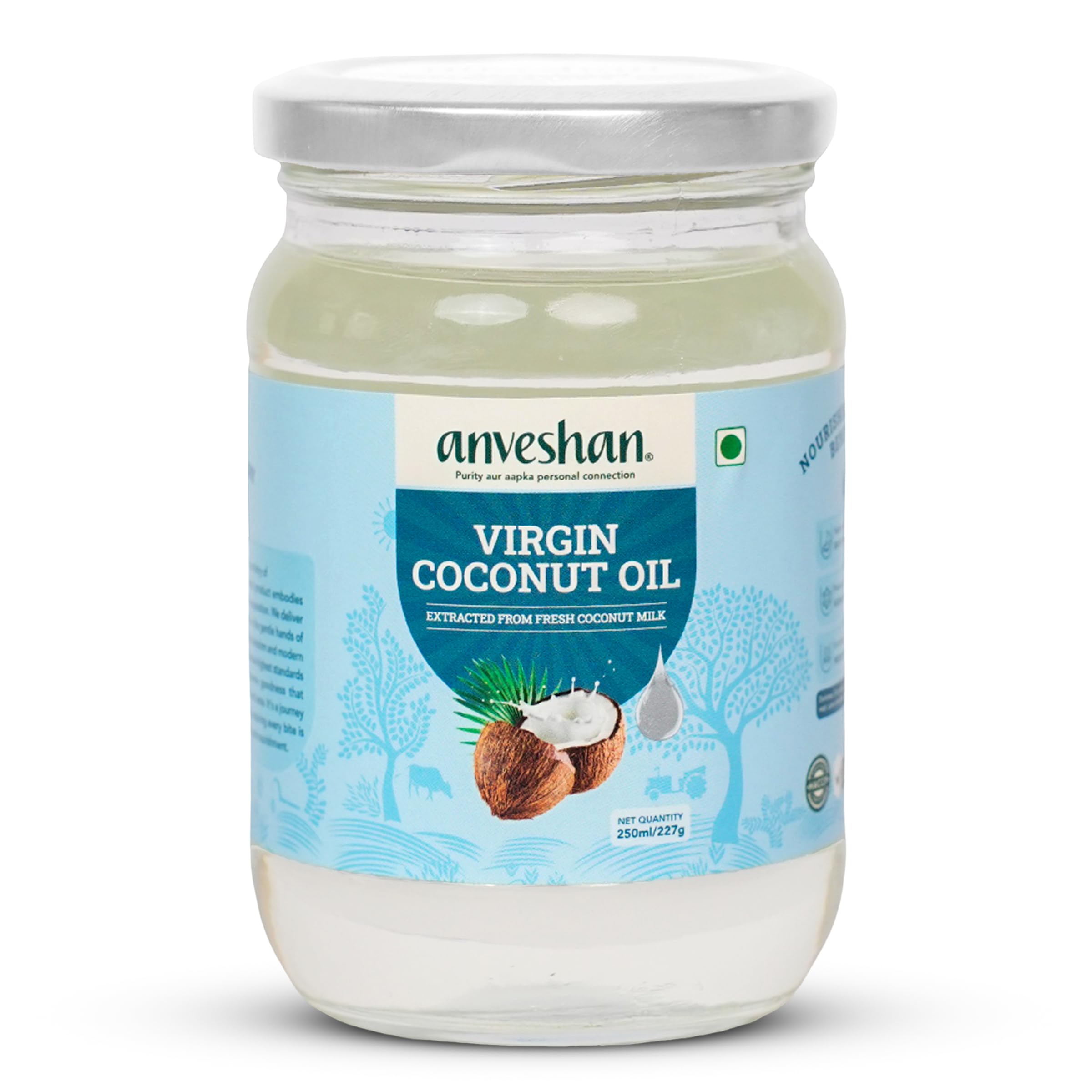 Anveshan Cold Pressed Virgin Coconut Oil 250ML | Glass Jar | Unrefined Cold Pressed Virgin Coconut Oil, Naturally Cholesterol Free, Kolhu/Kacchi Ghani/Mara Chekku/Ganuga, Rich Aroma & Flavour of Real Coconuts, A1 Grade Coconuts