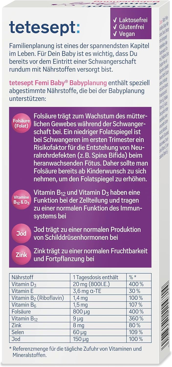 tetesept Femi Baby® Babyplanung 1 x 84 Tabletten – Nahrungsergänzungsmittel für die Frau zur Unterstützung bei Kinderwunsch – Spezielle Nährstoffe mit Folsäure, vegan