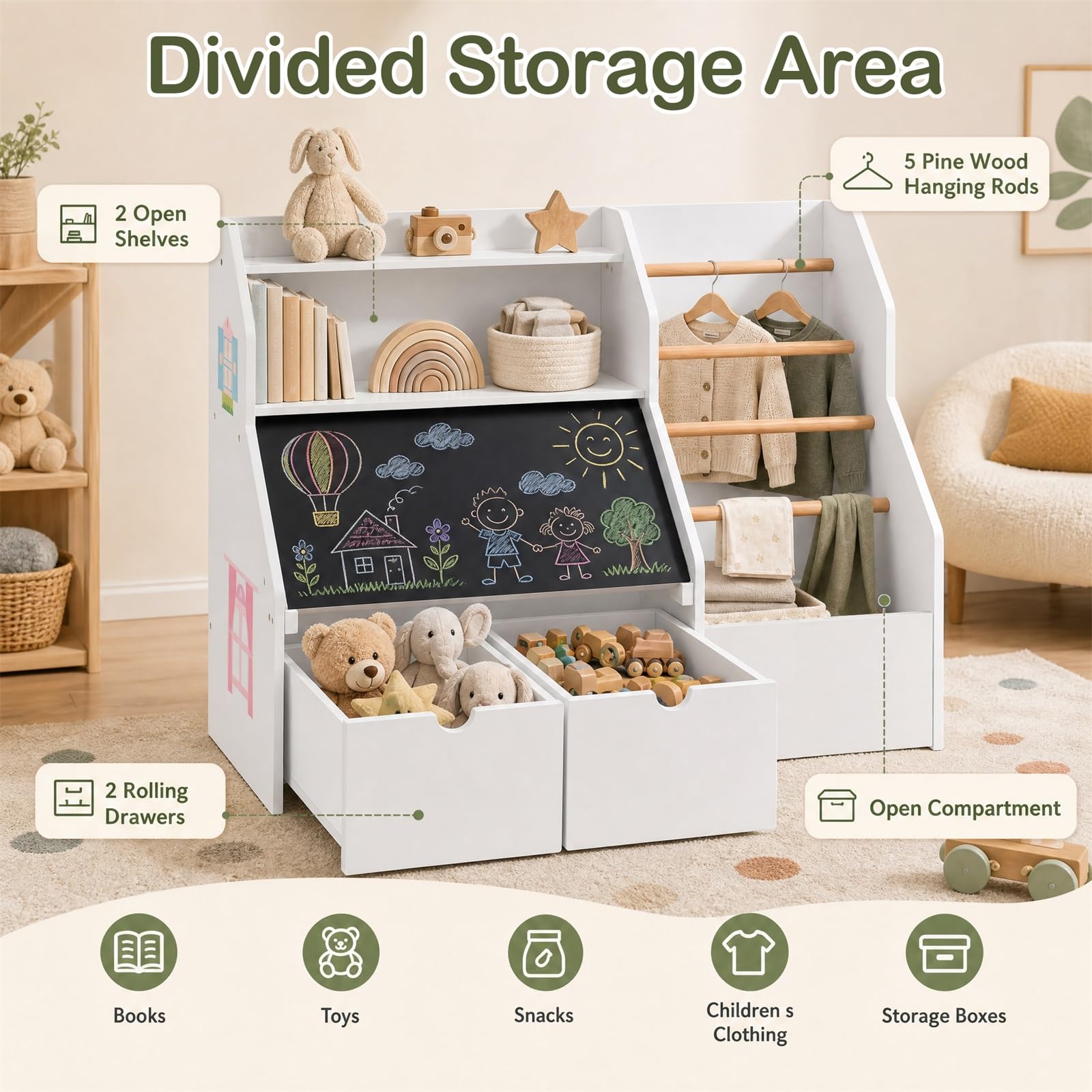 GYMAX Organizer per giocattoli con lavagna ribaltabile e 2 cassetti mobili