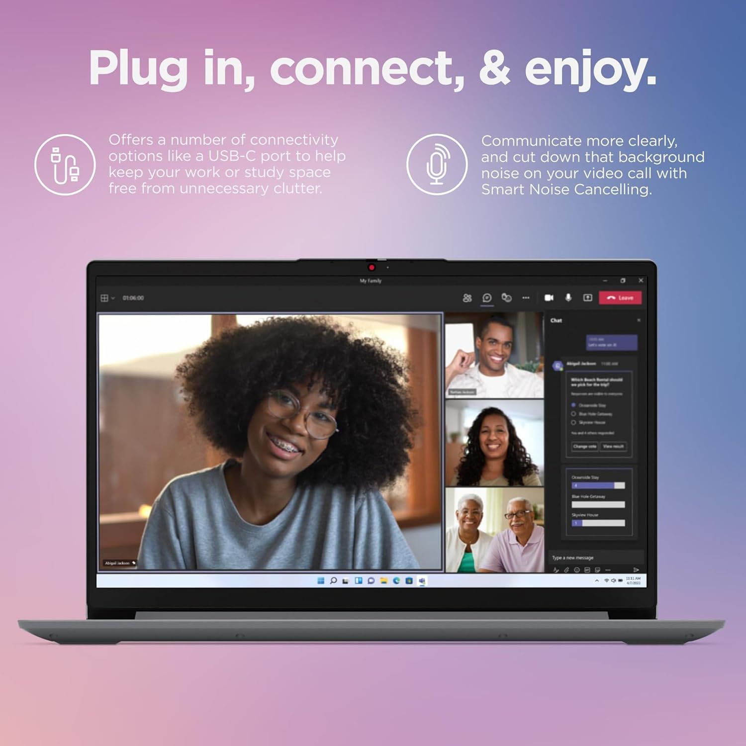 Lenovo IdeaPad 1 Laptop displaying a video conference call, highlighting its USB-C port and Smart Noise Cancelling feature.