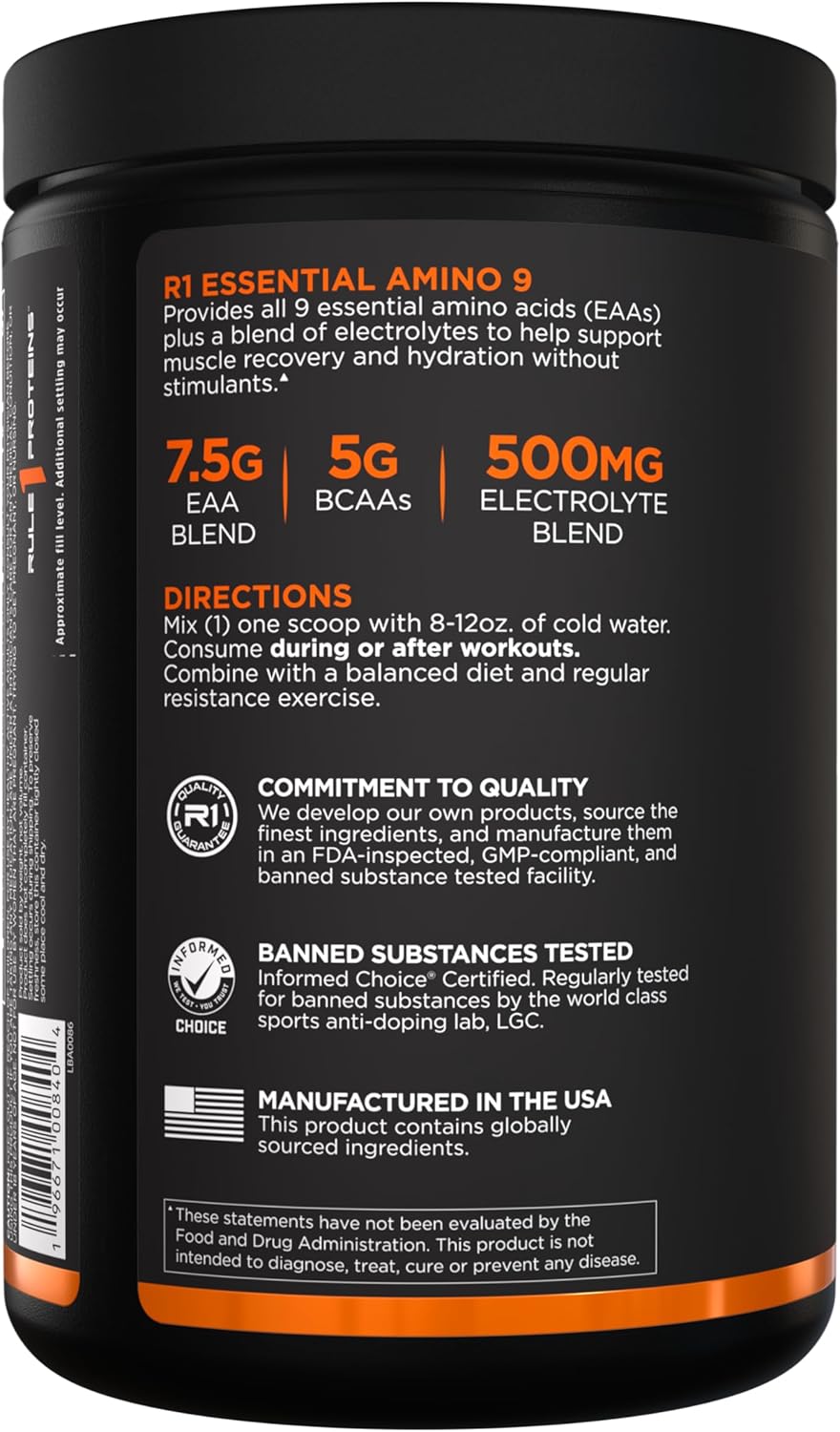 Rule 1 Proteins Essential Amino 9 – Recovery & Hydration Support with 7.5g of Essential Amino Acids + Electrolytes (30 Servings, Peach Mango)