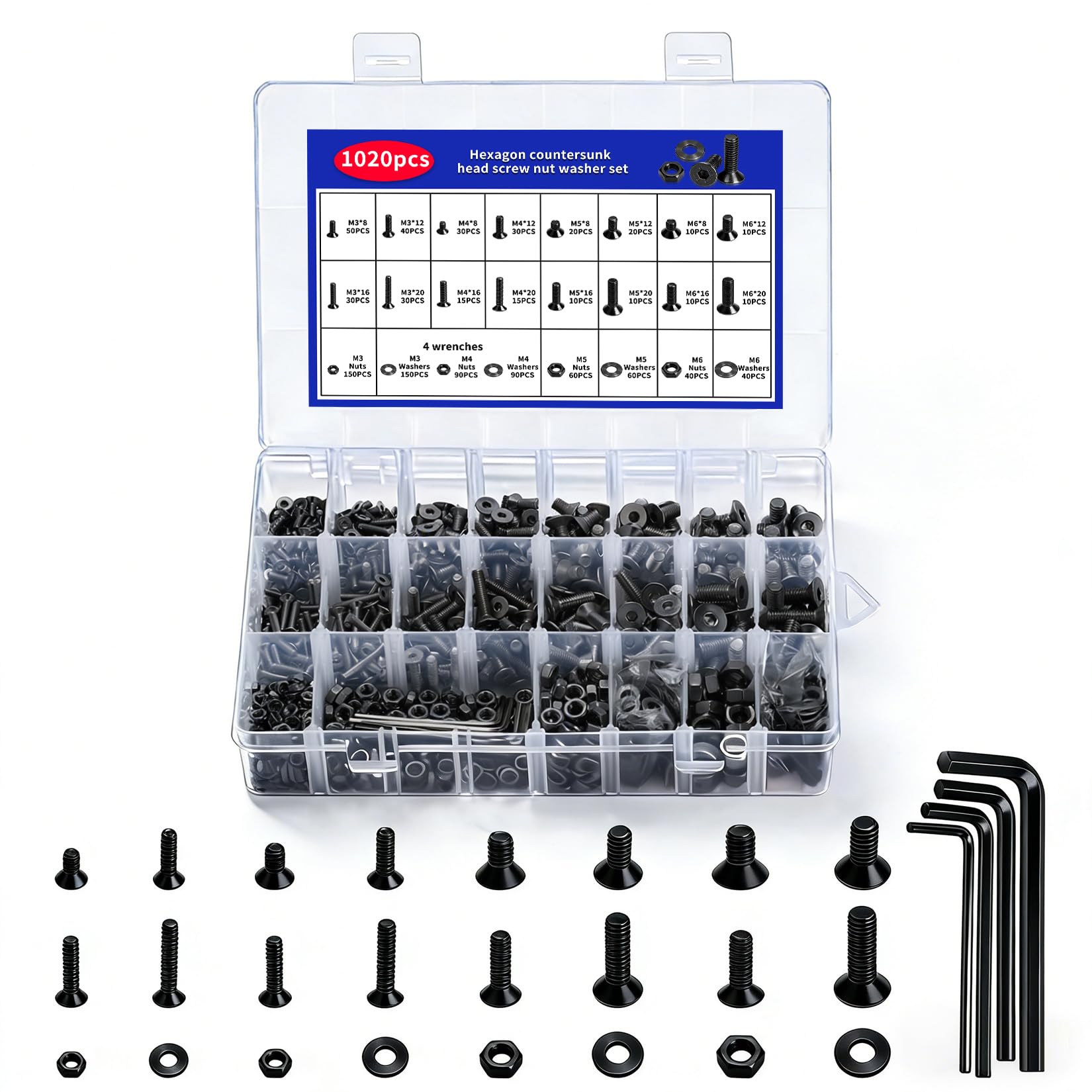 1020 Pcs M3 M4 M5 M6 Nuts and Bolts Assortment, Countersunk Bolts and Nuts Set, Countersunk Screws Set, Flat Head Hex Socket Head Cap Machine Screws and Washers Kit(Black)