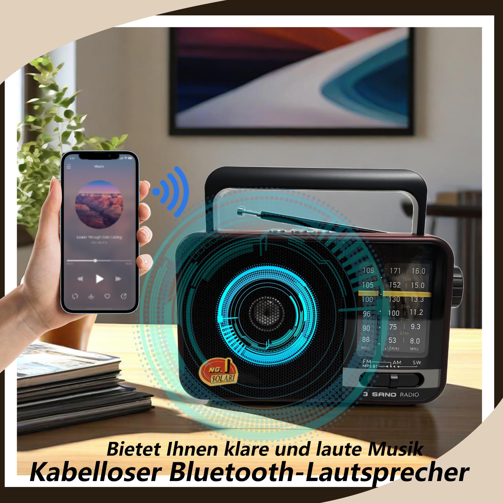 Bluetooth Radio mit Solarzelle, AM/FM/SW Kofferradio mit 1200-mAh-Akku, 8-W-Lautsprecher, USB/TF/TWS, tragbar für Küche, Garten und Camping (Red)