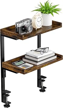 THYGIFTREE 2 Tier Clamp On Desk Shelf Organiser, 31.8 x 16.7 cm Gaming Desk Extender Accessories, Home Office Accessories Desktop Storage Rack for Gaming Setup, Small Space, Books, Plants Brown