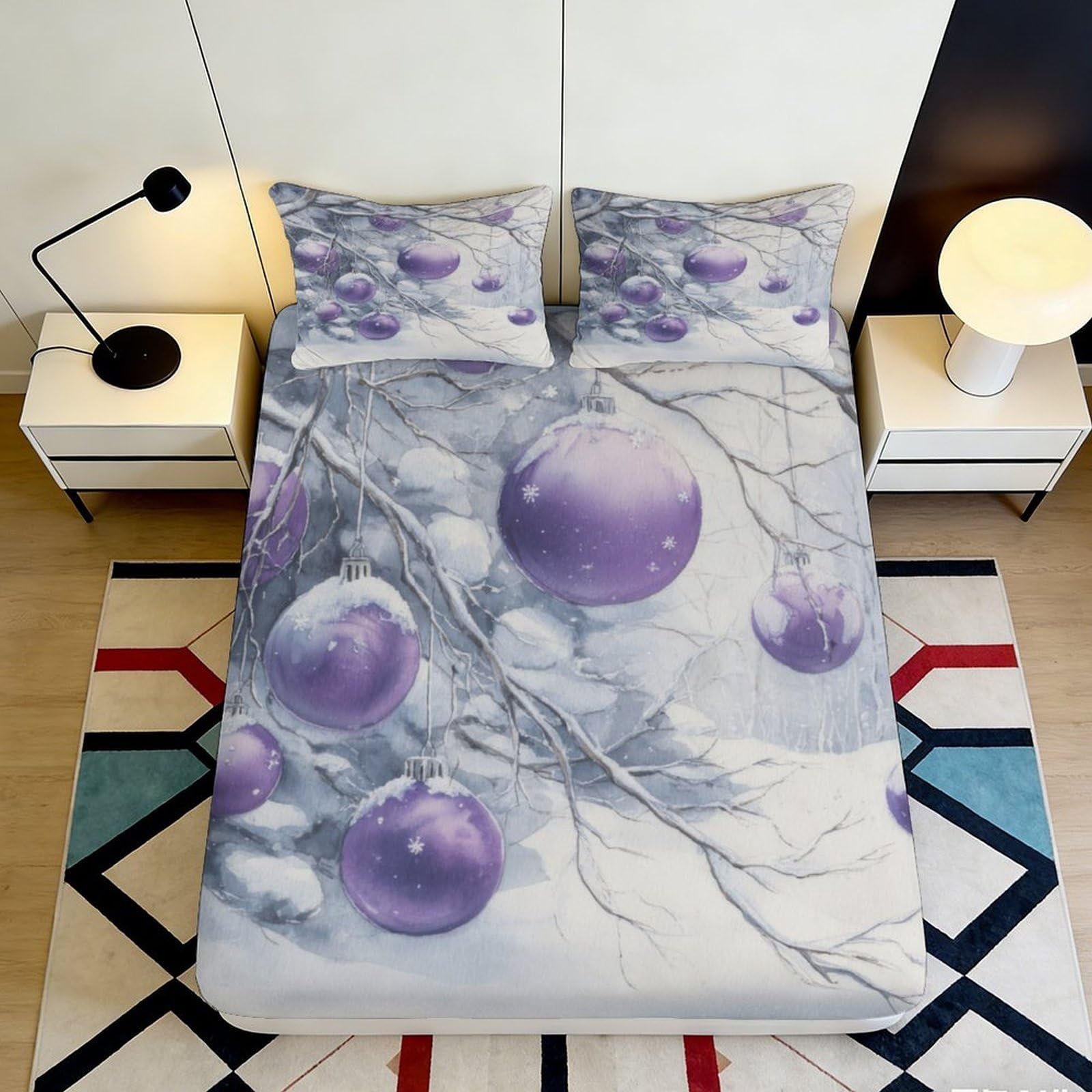 3D Printed Christmas Baubles Fitted Sheet Microfiber Deep Pocket Bedroom Bedding Christmas Baubles Mattress Fitted Cover Washable 140x200x25cm
