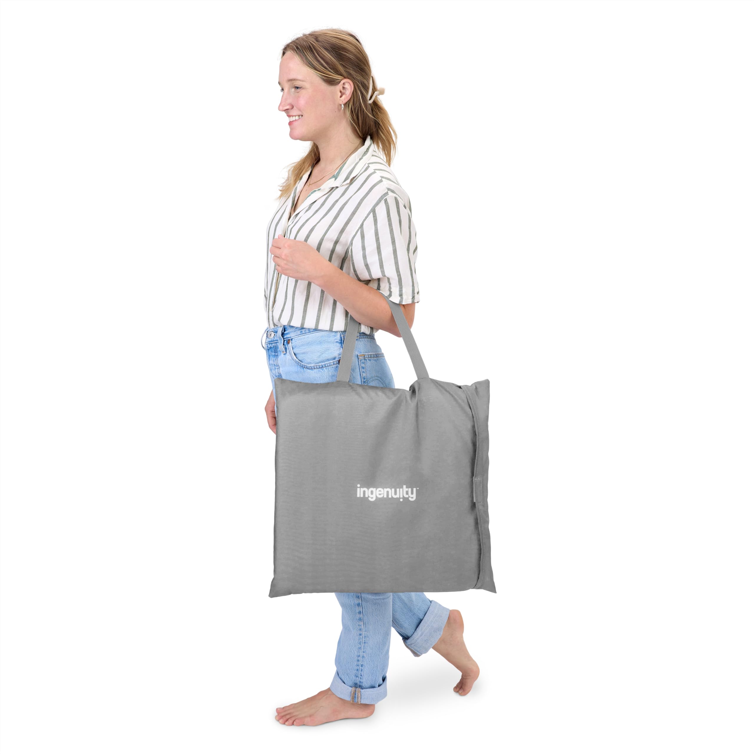 Ingenuity Stow & Go kompakte Falt Babywippe, leichter tragbarer Sitz mit Vibration & Spielzeug, Grau,