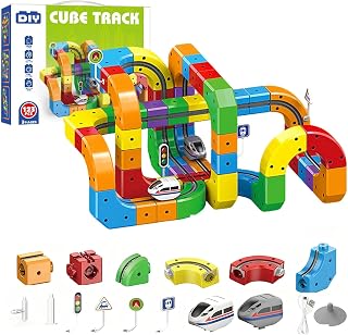 KlickRail Train Track Sets, 123 PCS Flexible Car Track with Electric Train and Traffic Signs,Gravity Defying 3D Embedded Layouts Race Car for 4-8 Year Old Boy Girls Party Birthday Gift(2 Car)
