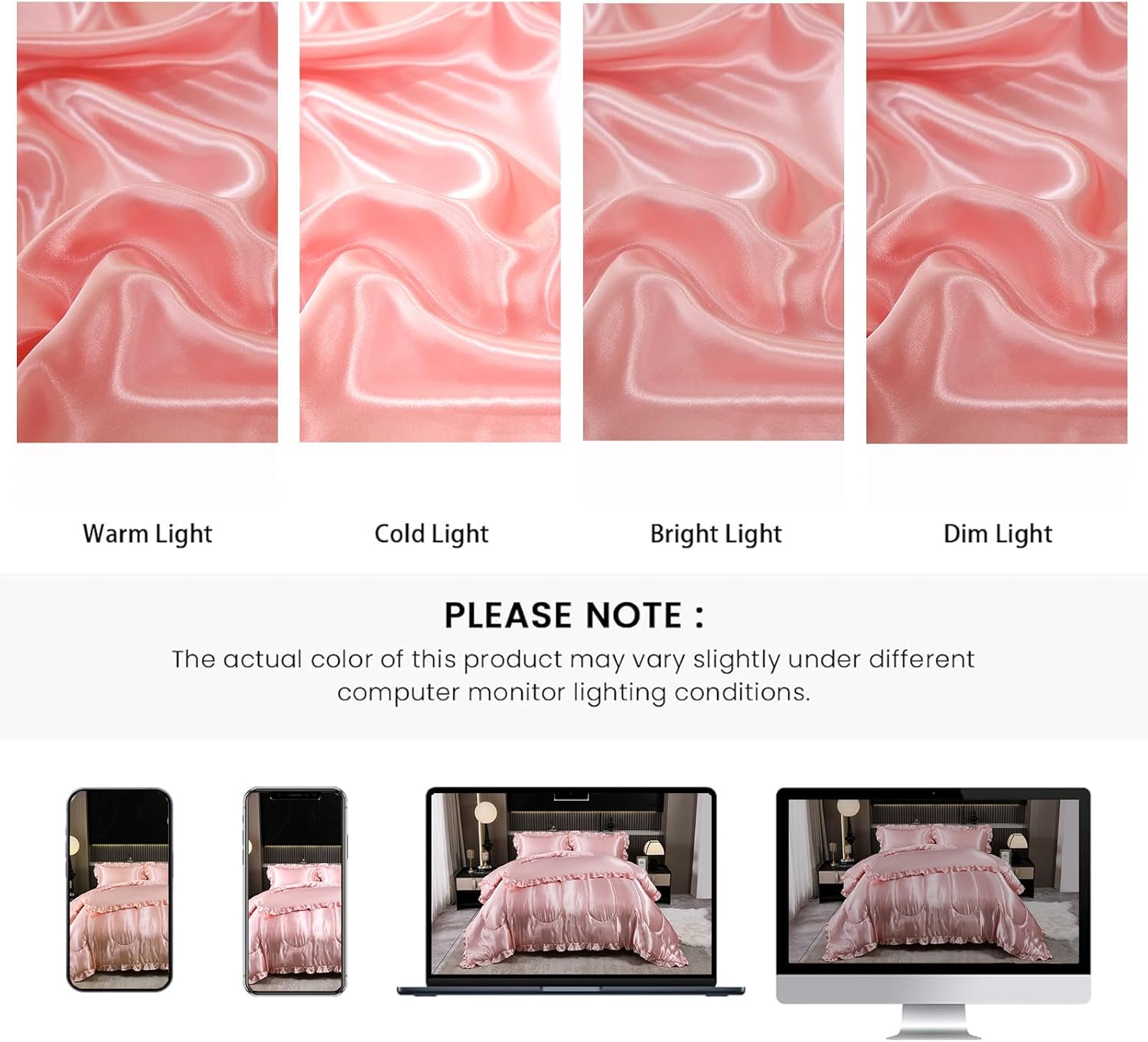 Satin Queen Comforter Set Silk Like Satin Bedding Set Hotel Soft Polyester Pink Bed Set Luxury Silky Pillow Cover with Quilt Set Ruffle Down Comforter Home Decor - Image 7