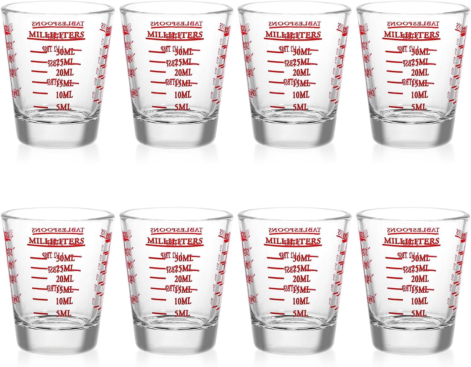 VICASKY 8pcs Clear Glass Measuring Cups with Scale Small Graduated Espresso Shot Glasses Dual Metric Imperial Markings Compact Thick-bottomed Liquid Volume Measurement for Cooking Baking