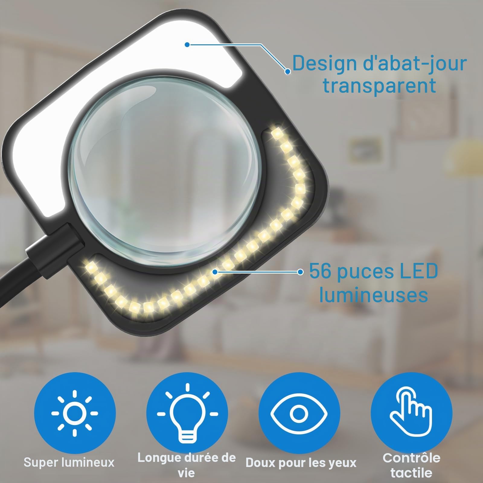 Loupe avec lumière et support - Lampe sur pied 8 LED avec 3 réglages de température de couleur - Lampe loupe avec 56 LED à intensité variable pour la lecture, les personnes âgées, les loisirs créatifs