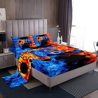 Erosebridal Flame Gaming Bedding Set for Boys Twin,Teens Wolf Gamer Room Decor Sheet Set Game Console Bed Sheets,Kids Gamepad Video Games Bedroom Decor,Blue Orange